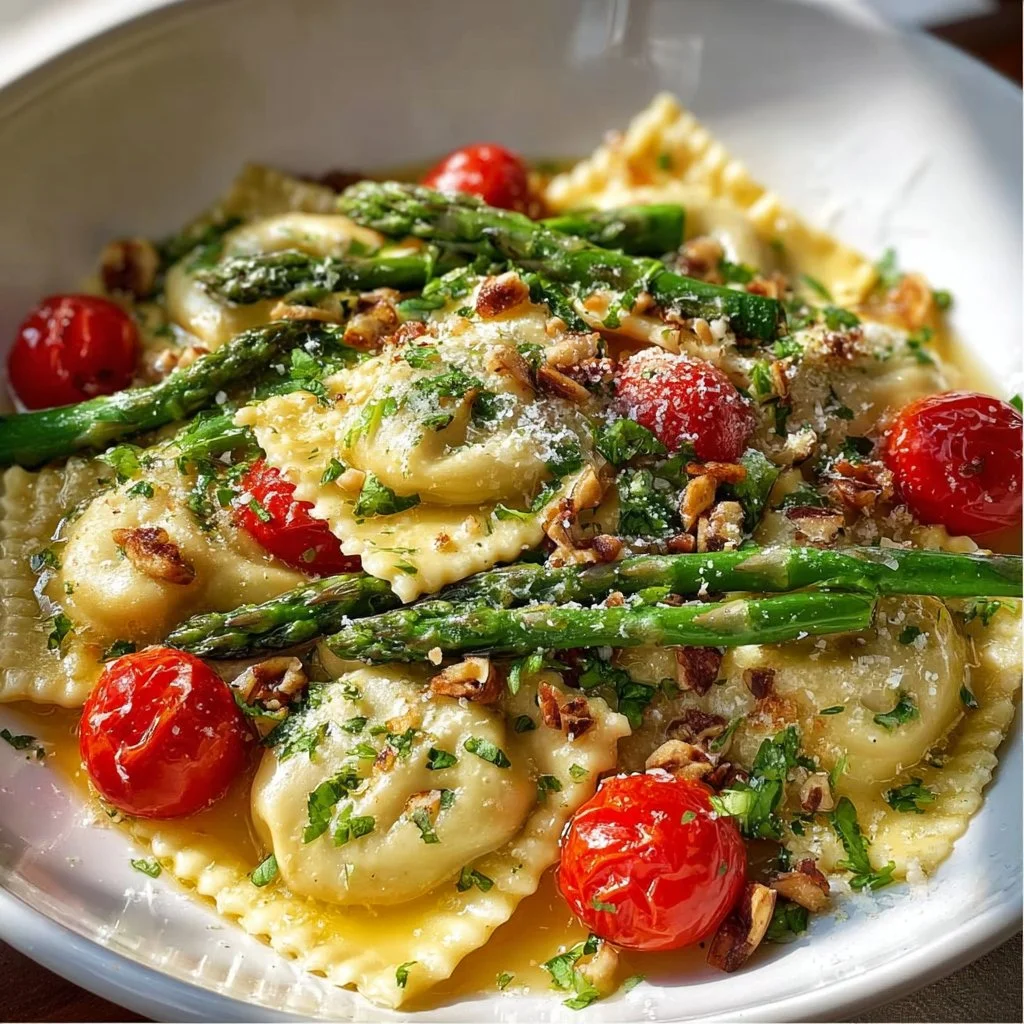 Delicious ravioli served with fresh tomatoes, asparagus, and garlic.