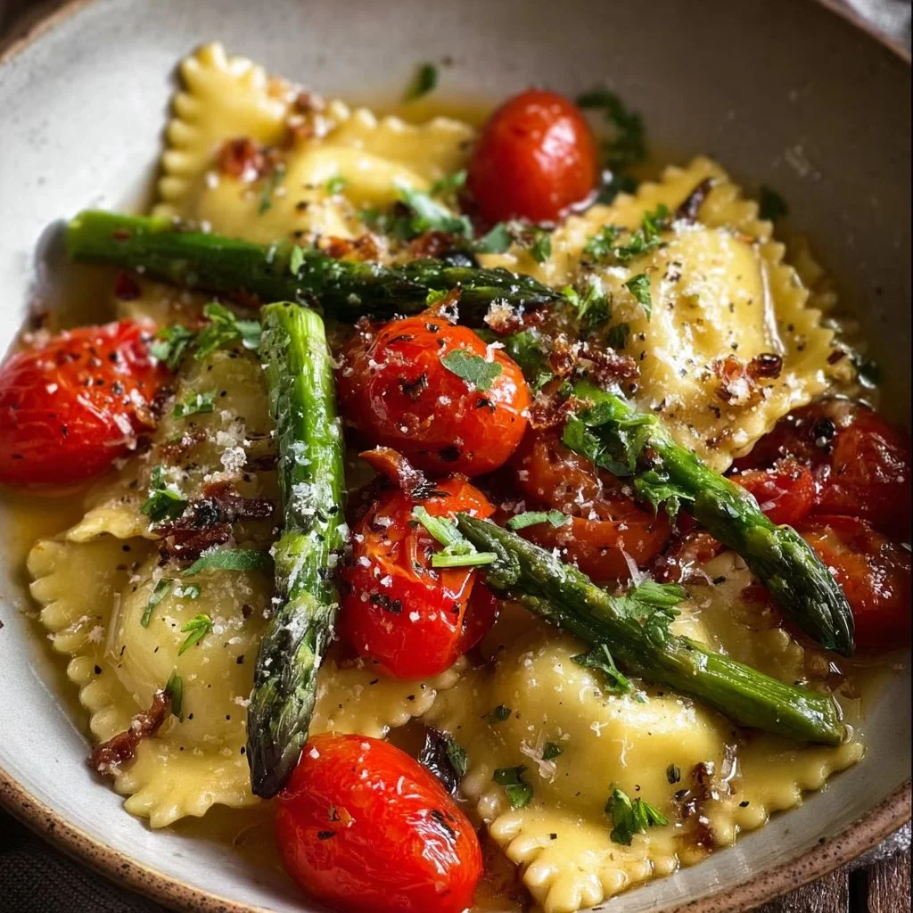 Delicious Ravioli with Fresh Tomatoes, Asparagus, Garlic, and Herbs