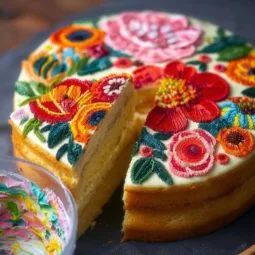 Designed floral sponge cake with colorful floral decorations for special occasions