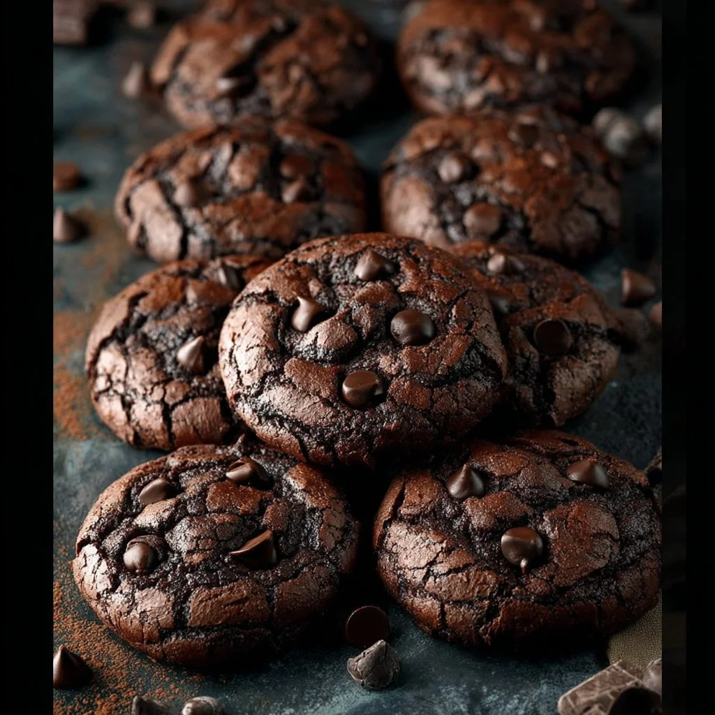 Delicious double chocolate chip cookies with gooey chocolate pieces