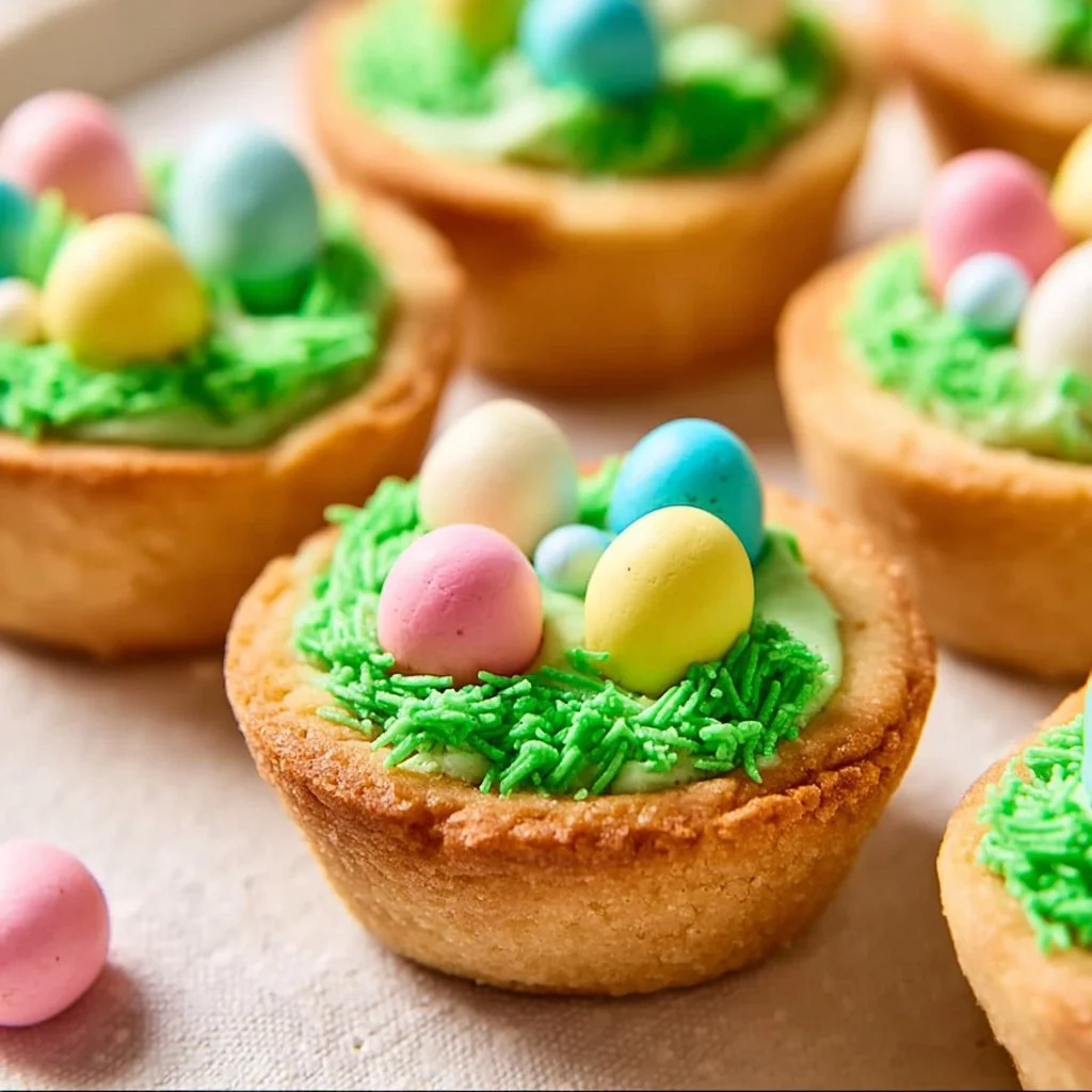 Easter Basket Sugar Cookie Cups baked in a muffin pan with colorful decorations.