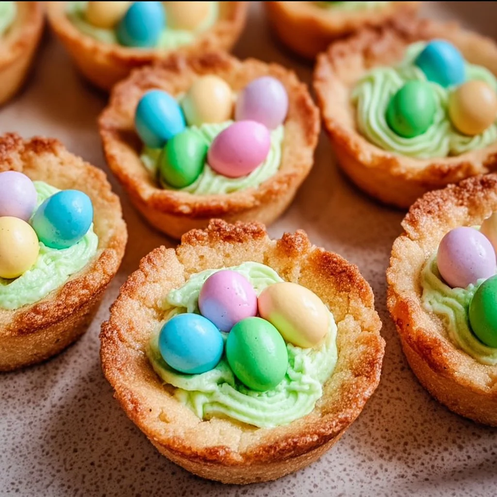 Easter Basket Sugar Cookie Cups are made in a muffin pan with prepared sugar cookie dough as the base.