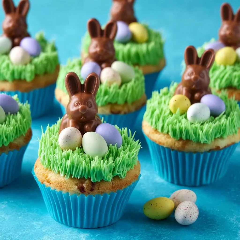 Festively decorated Easter Cupcakes with pastel colors and decorations