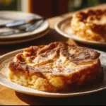 Delicious easy apple pancake on a plate topped with fresh apples and syrup