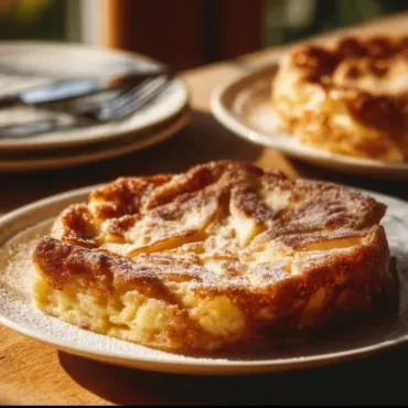 Delicious easy apple pancake on a plate topped with fresh apples and syrup