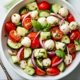 Easy Cucumber Caprese Salad 2 Delicious Easy Cucumber Caprese Salad with fresh mozzarella and basil.