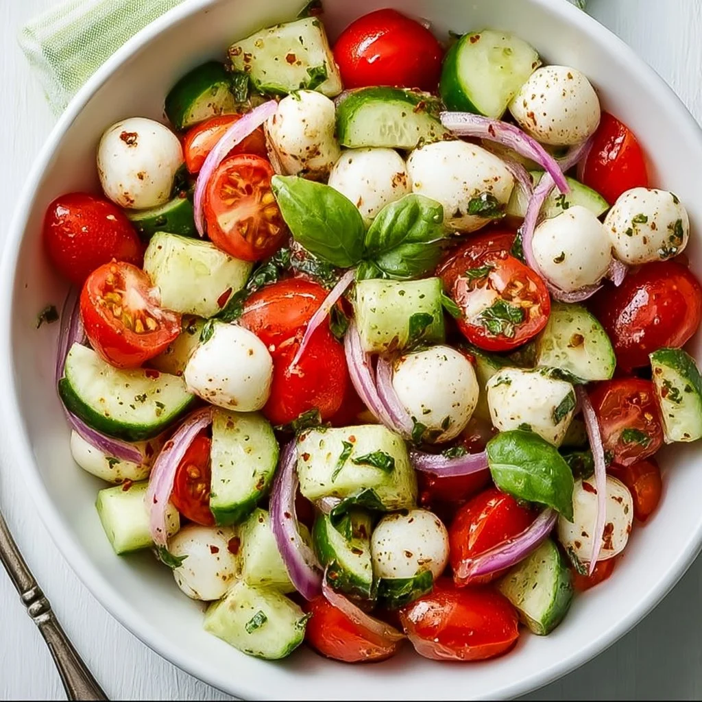 Easy Cucumber Caprese Salad 1 Delicious Easy Cucumber Caprese Salad with fresh mozzarella and basil.