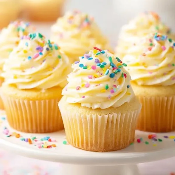 Delicious homemade vanilla cupcakes with frosting on a decorative plate.