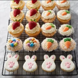 Colorful spring-themed cupcakes decorated for a festive occasion.
