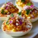 Plate of elote deviled eggs garnished with cilantro and chili powder.