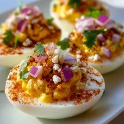 Plate of elote deviled eggs garnished with cilantro and chili powder.