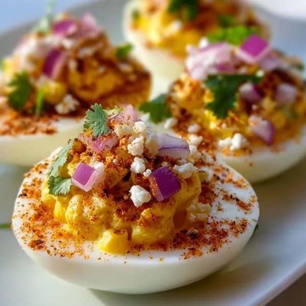 Elote Deviled Eggs: 12 Fiesta Delights 4 Plate of elote deviled eggs garnished with cilantro and chili powder.