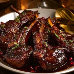Fancy Pomegranate Lamb Chops 2 Elegant pomegranate lamb chops served with herbs and garnish.