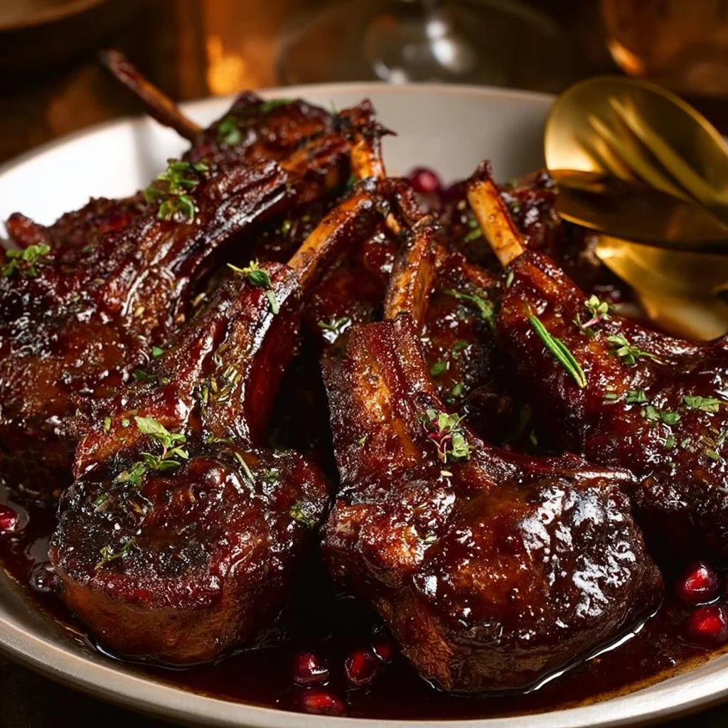 Fancy Pomegranate Lamb Chops 1 Elegant pomegranate lamb chops served with herbs and garnish.