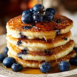 Stack of fluffy blueberry pancakes topped with fresh blueberries and syrup