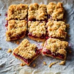 Gluten-free raspberry rhubarb crumble bars in a baking dish