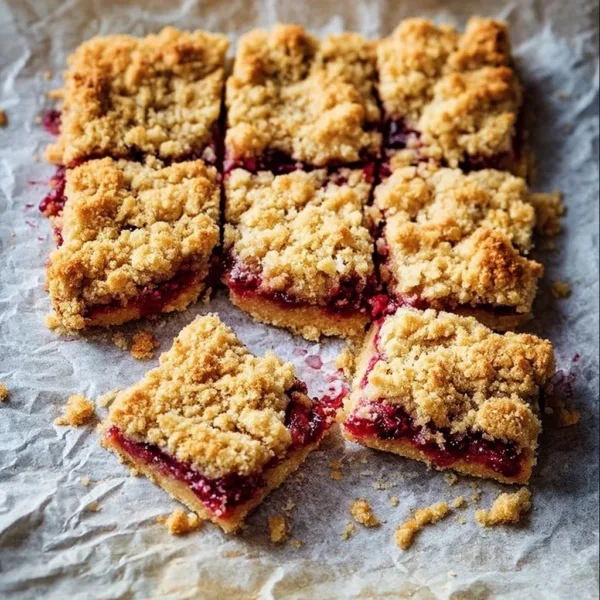 Gluten-Free Raspberry Rhubarb Crumble Bars 3 Gluten-free raspberry rhubarb crumble bars in a baking dish