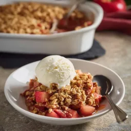 Gluten Free Rhubarb Crisp 2 Delicious gluten-free rhubarb crisp served in a bowl with a scoop of ice cream