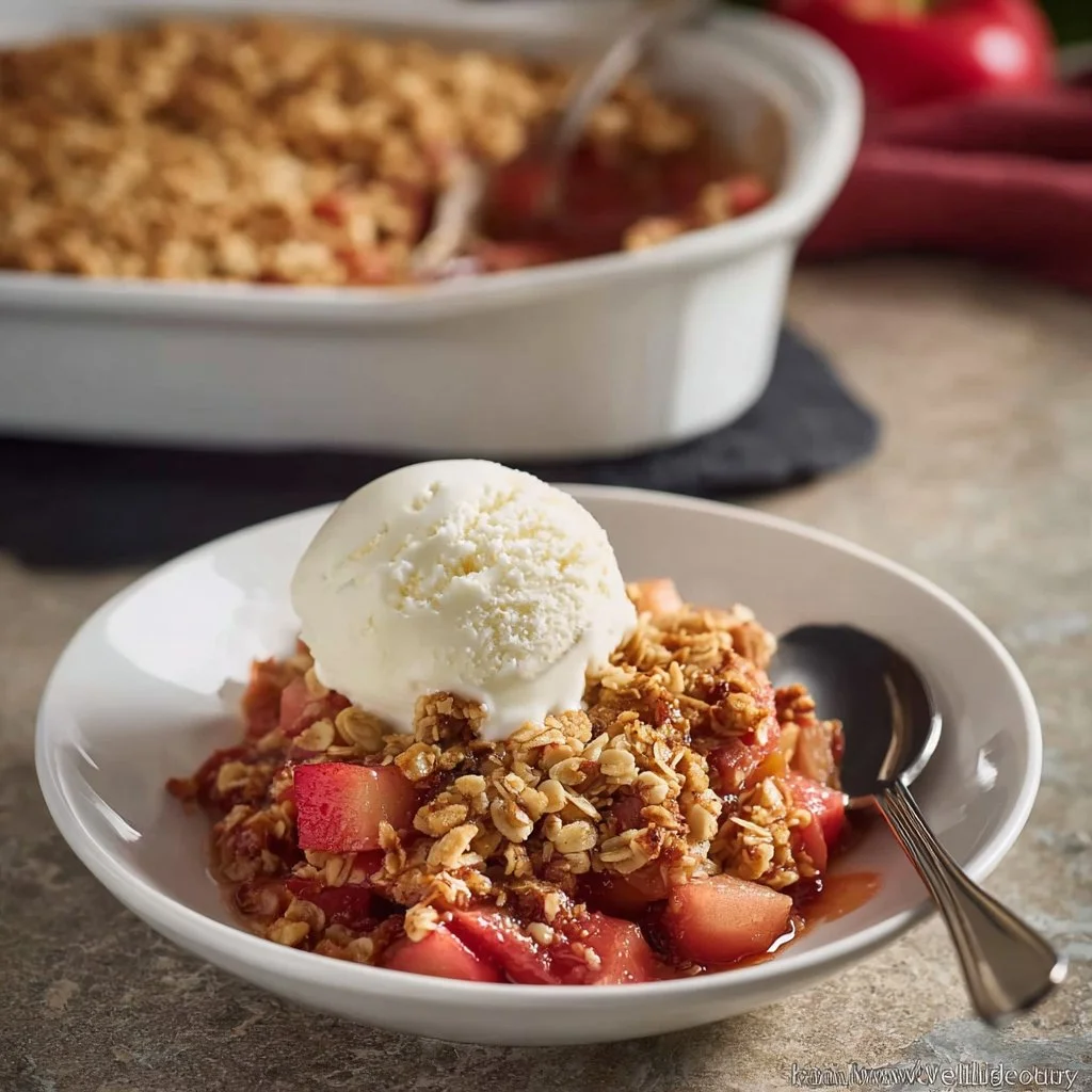 Gluten Free Rhubarb Crisp 1 Delicious gluten-free rhubarb crisp served in a bowl with a scoop of ice cream