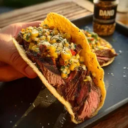 Delicious grilled corn on the cob steak tacos with vibrant toppings