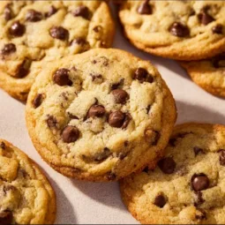 Freshly baked bakery style chocolate chip cookies on a cooling rack