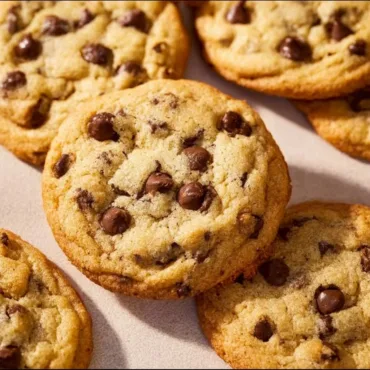 Freshly baked bakery style chocolate chip cookies on a cooling rack