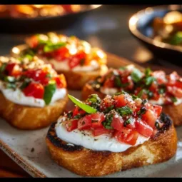 Delicious Italian bruschetta topped with fresh mozzarella and tomatoes