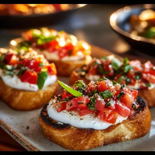 Delicious Italian bruschetta topped with fresh mozzarella and tomatoes