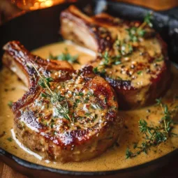 Delicious lamb chops with mustard thyme sauce on a plate