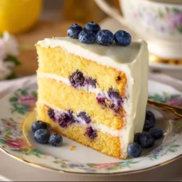 Lemon Blueberry Cake with Cream Cheese Frosting Recipe 2 Lemon Blueberry Cake topped with Cream Cheese Frosting sliced on a plate