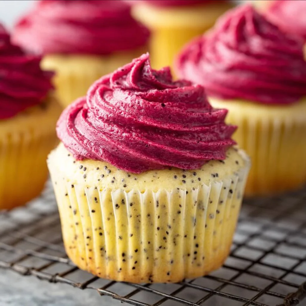 Lemon poppy seed cupcakes topped with blackberry frosting on a white plate.