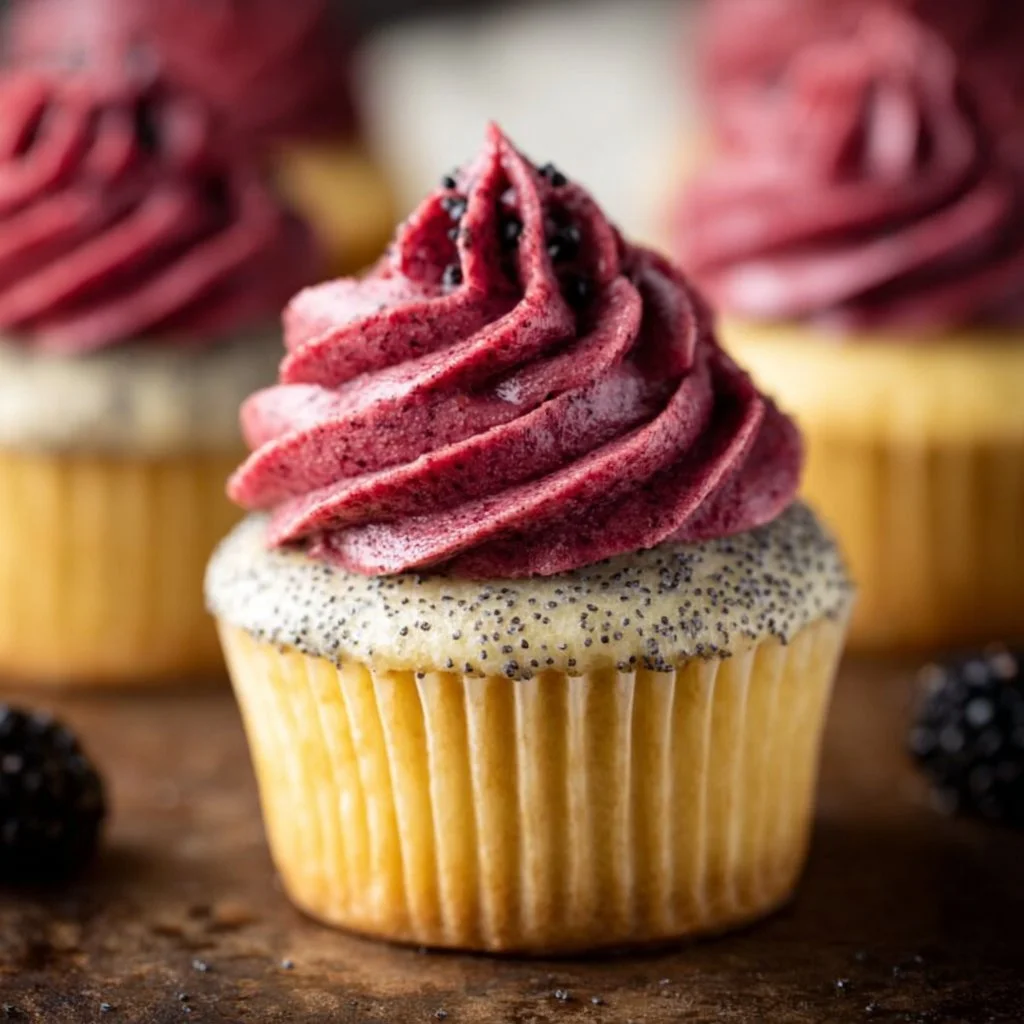 Lemon Poppy Seed Cupcakes with Blackberry Frosting