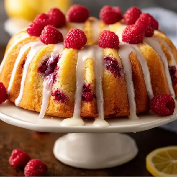 Lemon Raspberry Bundt Cake 10 Lemon Raspberry Bundt Cake topped with fresh raspberries and lemon glaze