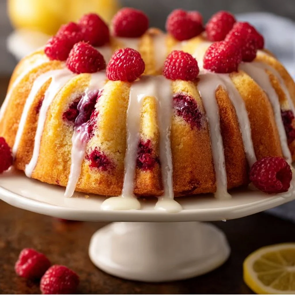 Lemon Raspberry Bundt Cake 1 Lemon Raspberry Bundt Cake topped with fresh raspberries and lemon glaze