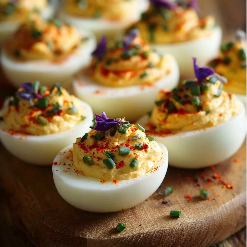 Festive Mardi Gras Deviled Eggs topped with colorful seasonings and decorations.