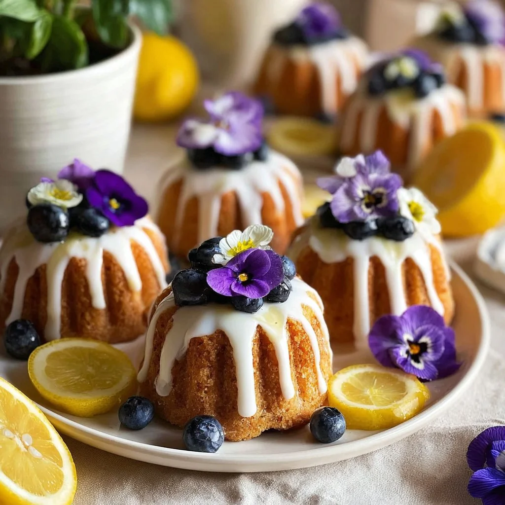 Mini blueberry lemon bundt cakes on a white plate with lemon slices