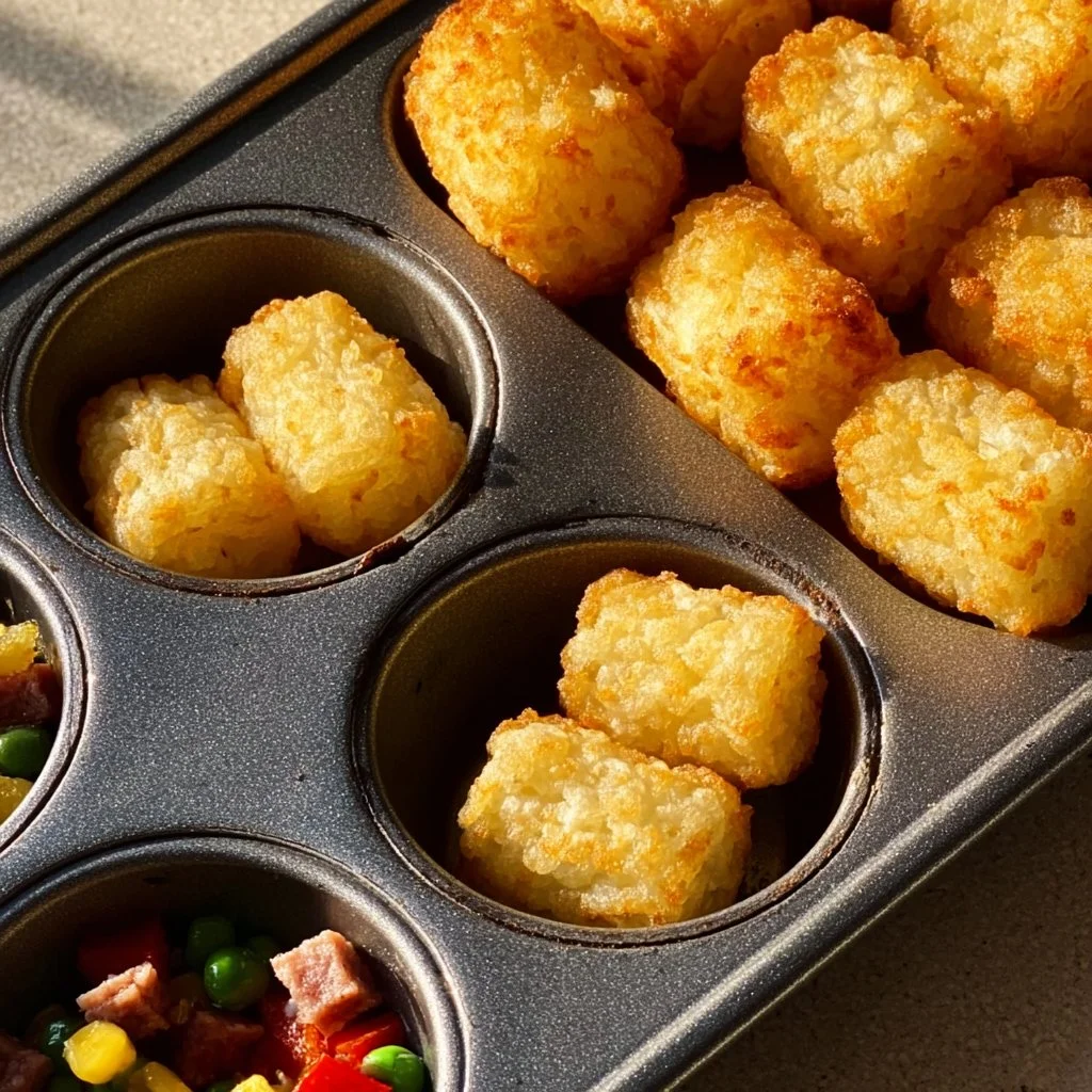 Mini Breakfast Omelets (Egg Muffins With A Tater Tot Crust) 1 Mini breakfast omelets with tater tot crust baked in a muffin tin