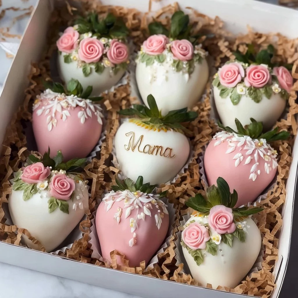 Mother's Day themed chocolate covered strawberries 🌹 1 Mother's Day themed chocolate covered strawberries elegantly decorated with roses.