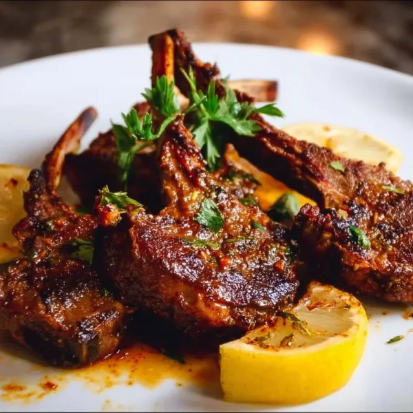 Oven-Baked Lamb Chops 3 Juicy oven-baked lamb chops garnished with herbs on a plate