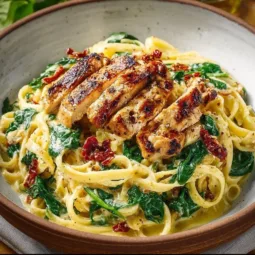 Pesto pasta with chicken served in a bowl, garnished with fresh basil and walnuts