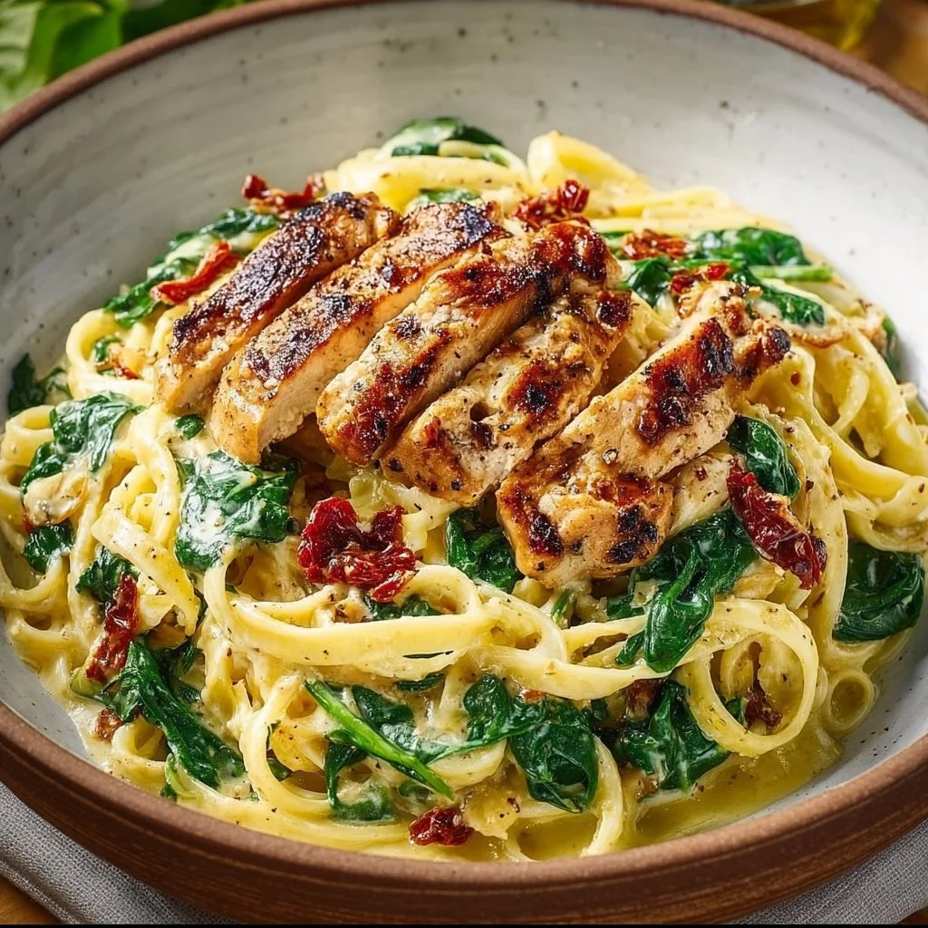 Pesto pasta with chicken served in a bowl, garnished with fresh basil and walnuts