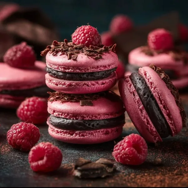 Raspberry Dark Chocolate Macarons 11 Delicious Raspberry Dark Chocolate Macarons with raspberry filling and dark chocolate shell