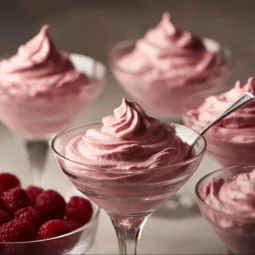 Delicious raspberry mousse served in a glass, garnished with fresh raspberries.