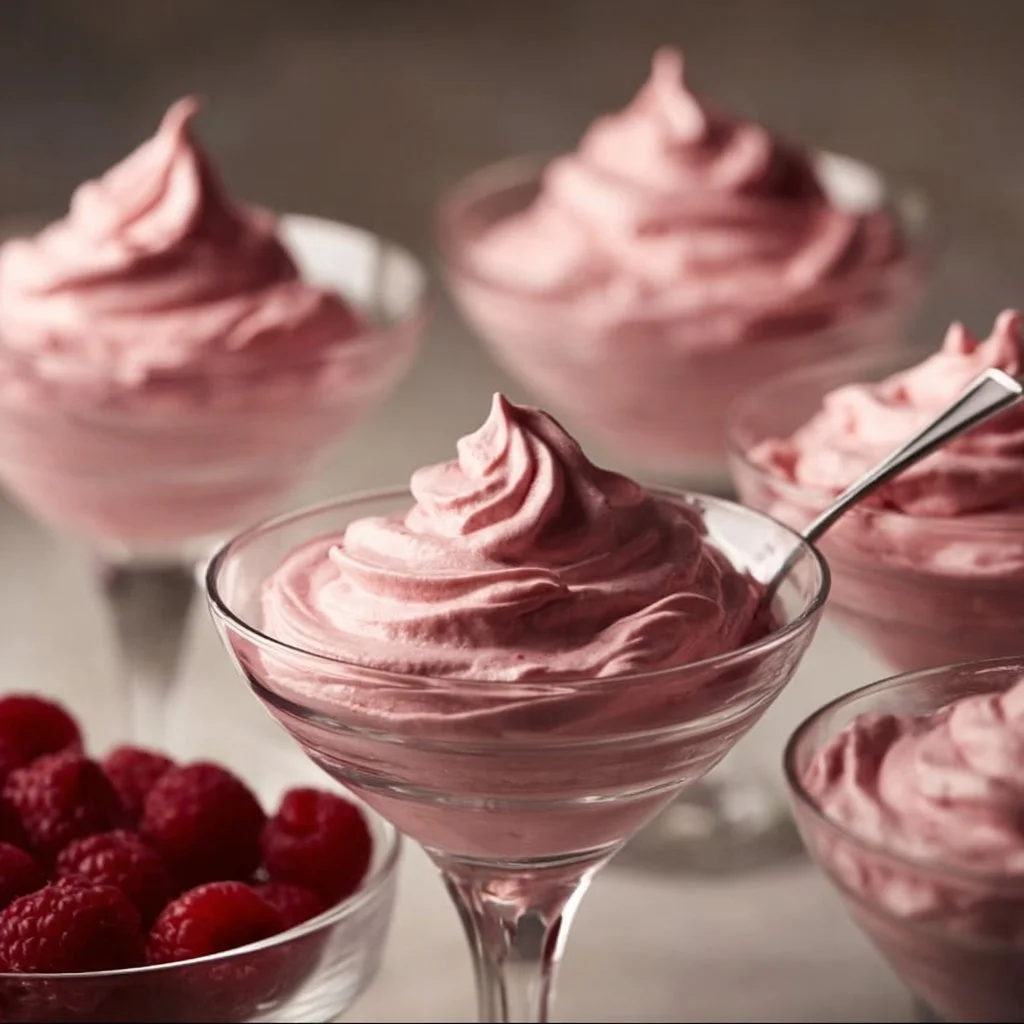 Delicious raspberry mousse served in a glass, garnished with fresh raspberries.