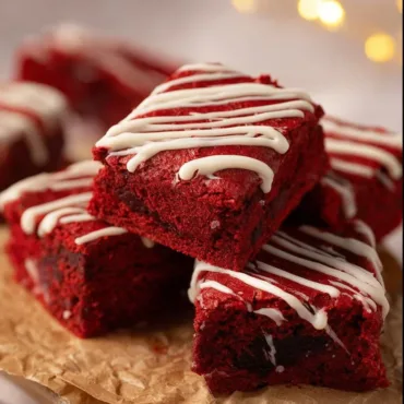 Deliciously rich Red Velvet Brownies topped with cream cheese frosting.