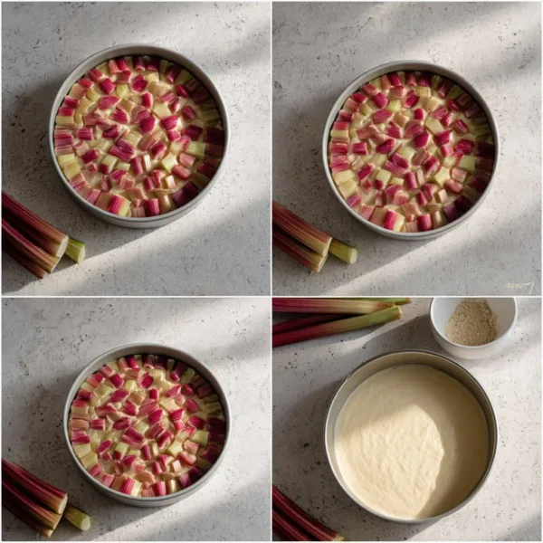 Rhubarb Upside-Down Cake 1 Slice of rhubarb upside-down cake on a plate with fresh rhubarb stalks