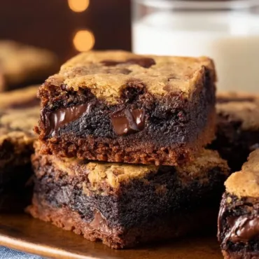 Delicious slutty brownies with layers of cookie dough, Oreos, and chocolate fudge.