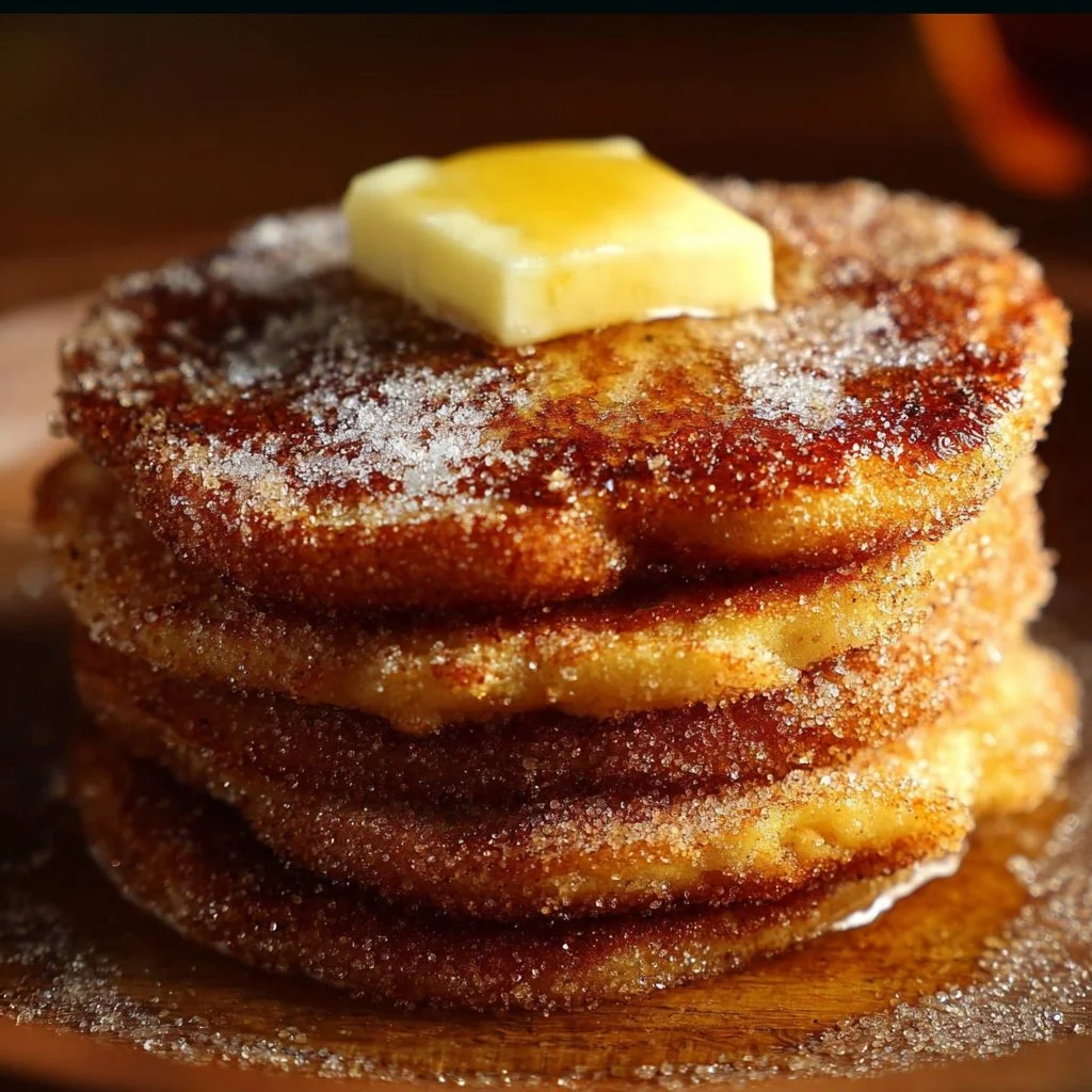 Delicious churro pancakes drizzled with chocolate and cinnamon sugar on a plate.