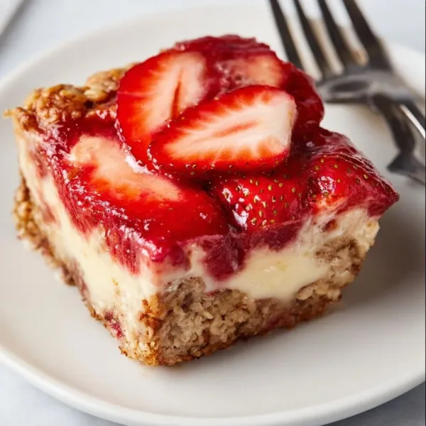 Strawberry Cheesecake Swirl 12 Delicious strawberry cheesecake swirl dessert with fresh strawberries on top.