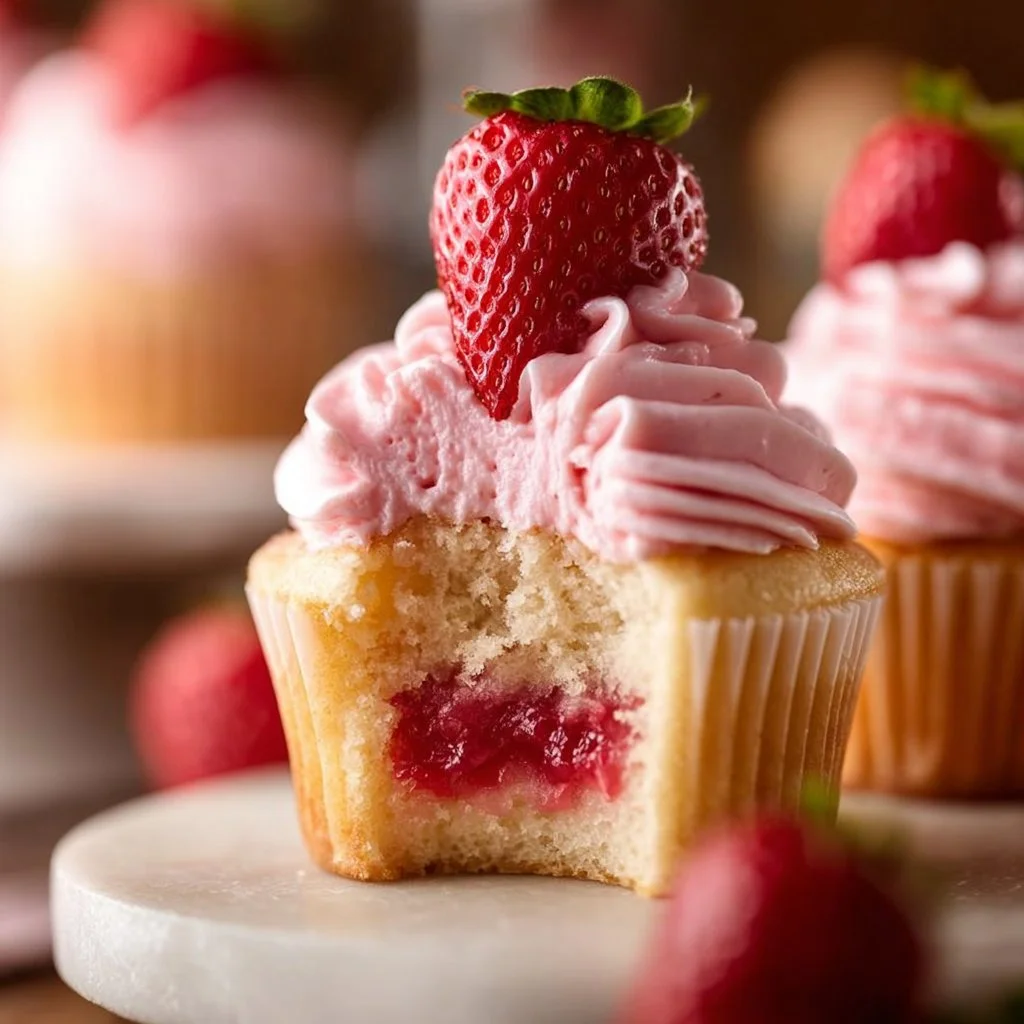 Delicious strawberry jam filled vanilla cupcakes with frosting